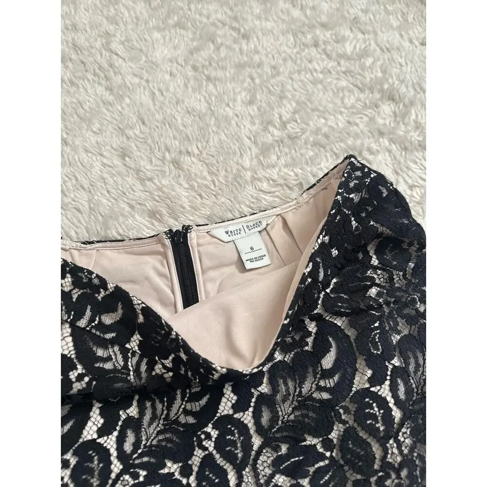 Sz 6 White House Black Market Lace Pencil Skirt Knee Length Scallop Edge Zip